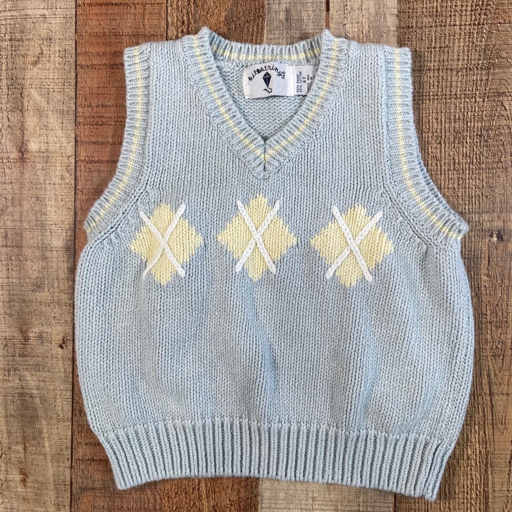 Kitestrings Vintage Argyle Sweater Vest Toddler 4T Light Blue Ramie Cotton Knit